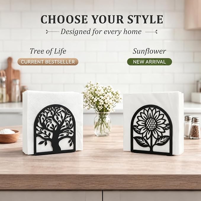 Metal Napkin Holder for Table – Decorative Tree of Life Napkin Holders for Kitchen & Dining Table, Fits Cocktail, Lunch & Guest Paper Napkins, Black Countertop Napkin Holder for Home, Restaurant & Bar