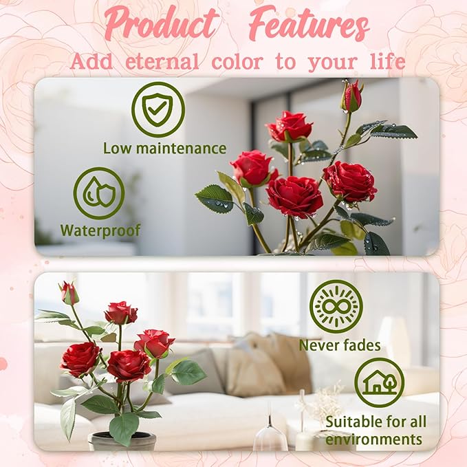 Rose in Pot Decor Potted Artificial Flowers Mini Plants Faux Flowers Indoor Small Decor Fake Roses for Home, Bathroom, Kitchen, Offices, Wedding Party Centerpieces (Rose Red)