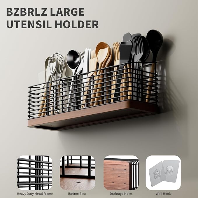 Large Utensil Holder for Kitchen Counter with 4 Compartments, Matte Black Metal Holder with Wooden Base Cooking Utensil Organizer for Spatula Utensil Crock Caddy