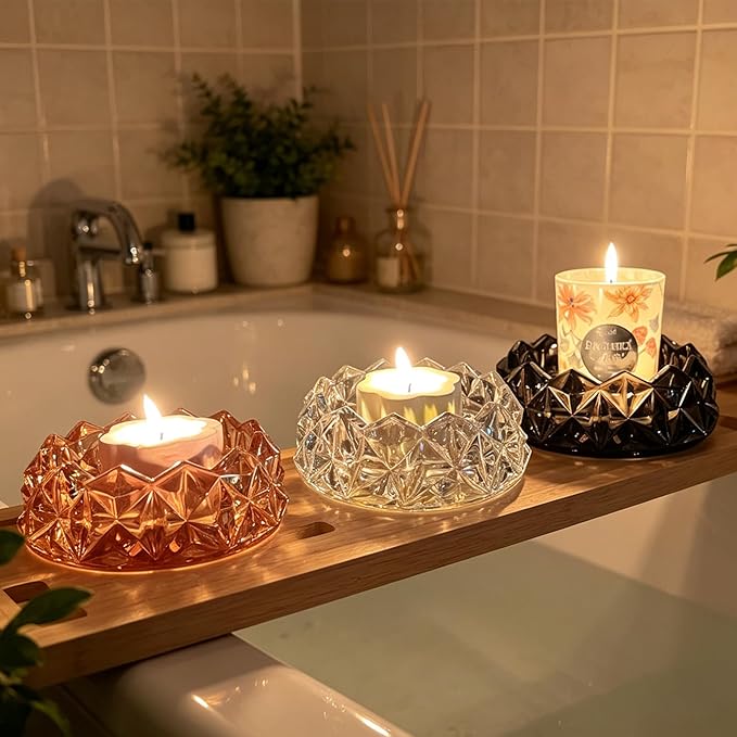 Diamond Glass Candle Holder, Clear Glass Candle Dish for Home Decor, Decorative Modern Candle Tray for Small Candles & Diffusers (Slate Gray)
