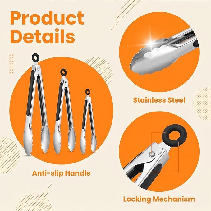 9 Pieces Stainless Steel Tongs, Kitchen Food Tongs 7 9 12 Inch | Heavy Duty Locking Tongs, Heat-Resistant Non-Slip Durable Metal Tongs for BBQ Cooking Grilling Outdoor Serving