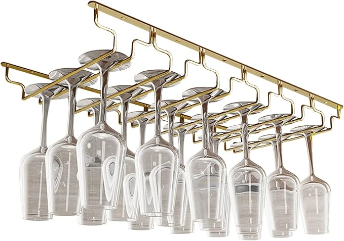 V3VOGUE Wine Glass Rack, Under Cabinet Stemware Wine Glass Holder, Glasses Storage Hanger, Hanging Stemware Display Rack, Perfect for Home, Storage Rack, Bar, Cellar, Cabine - Gold (Size : 6Row)