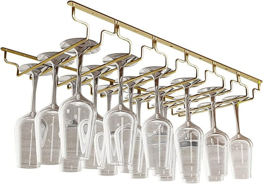 V3VOGUE Wine Glass Rack, Under Cabinet Stemware Wine Glass Holder, Glasses Storage Hanger, Hanging Stemware Display Rack, Perfect for Home, Storage Rack, Bar, Cellar, Cabine - Gold (Size : 6Row)