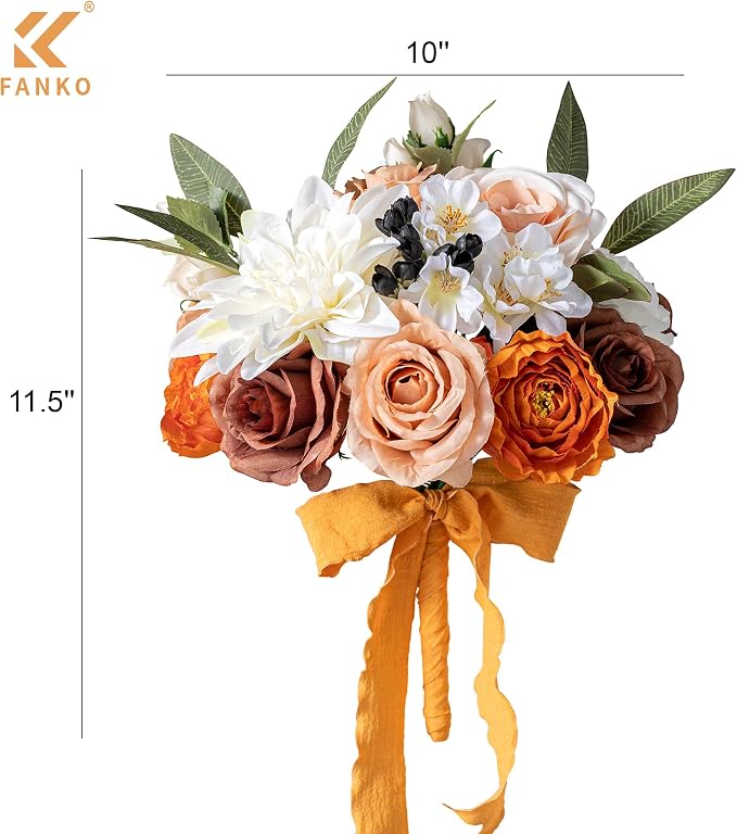 FANKO Artificial Flowers for DIY, Brown Burnt Orange White Faux Flowers Bouquet, Colorful Fake Rose Dahlia Ranunculus Silk Flowers for Vase, Home Decor, Garland, Summer Wedding, Birthday, Party