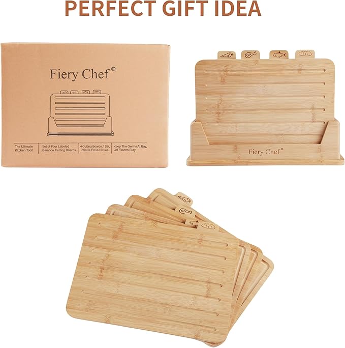 Fiery Chef 12.6"L x 9"W Bamboo Cutting Board Set of 4 - Wood Cutting Board Set with Holder, Chopping Boards Set with Food Icons, Juice Groove - Ideal for Meat, Fish, Bread, Vegetable, Fruit Chopping