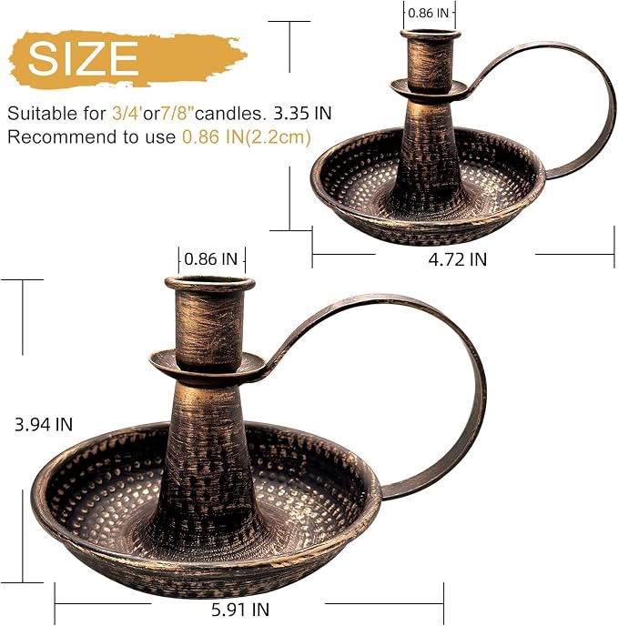 Gold Brass Vintage Candlestick Holders, with Handle, Taper Candle Holder for Candlesticks, for Fireplace Party, Dining, Home, Wedding Decor,Fits 3/4 inch Thick Candle&Led Candles（Set of 2pcs）