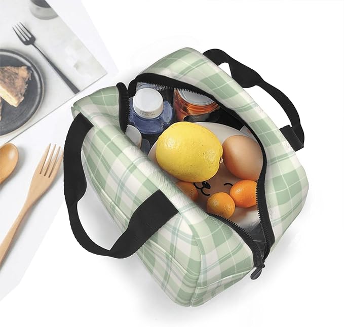 Lunch Bag Pastel Green Plaid Insulated Lunch Box Reusable Cooler Tote for Adults Student Girl Boy Work Office School Picnic Over 3 Years Old