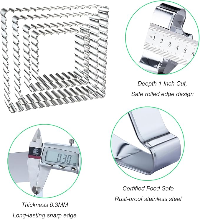 Scalloped Square Cookie Cutter Set - 5 Inch, 4 Inch, 3 Inch, 2 Inch - Fluted Edge Wavy Square Plaque Cookie Cutters Shapes Biscuit Molds - Stainless Steel