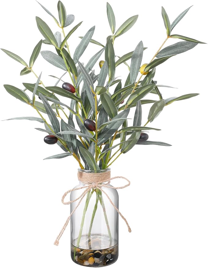 15.74” Artificial Olive Branches in Glass Vase with Faux Water & Natural Stones, Lifelike Fake Greenery for Modern Farmhouse Home Decor, Bathroom decor, Office Desk Centerpiece, Housewarming Gift