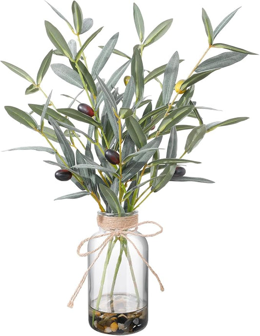 15.74” Artificial Olive Branches in Glass Vase with Faux Water & Natural Stones, Lifelike Fake Greenery for Modern Farmhouse Home Decor, Bathroom decor, Office Desk Centerpiece, Housewarming Gift