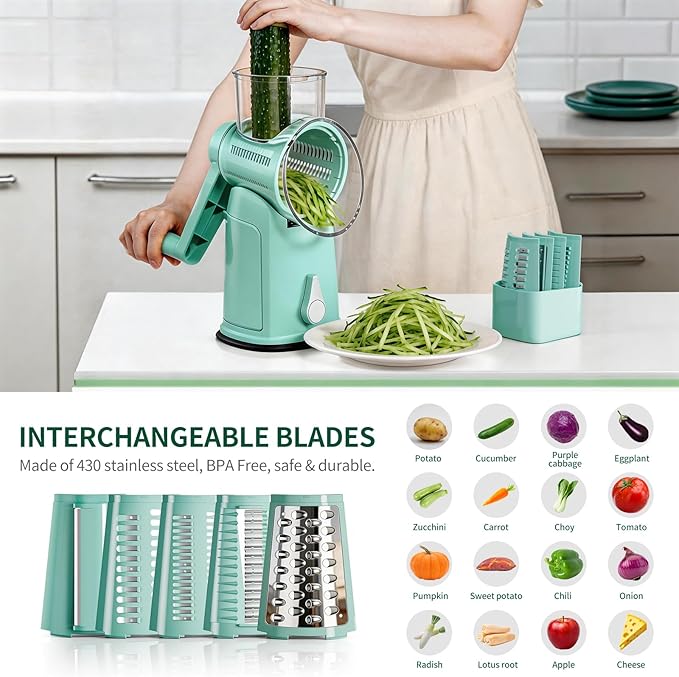 The CoveCarol rotary cheese grater comes with 5 blades and 3 tools: a round mandolin slicer and a food shredder. Suitable for fruits, vegetables, nuts, etc., it includes a blade storage box. (Green)