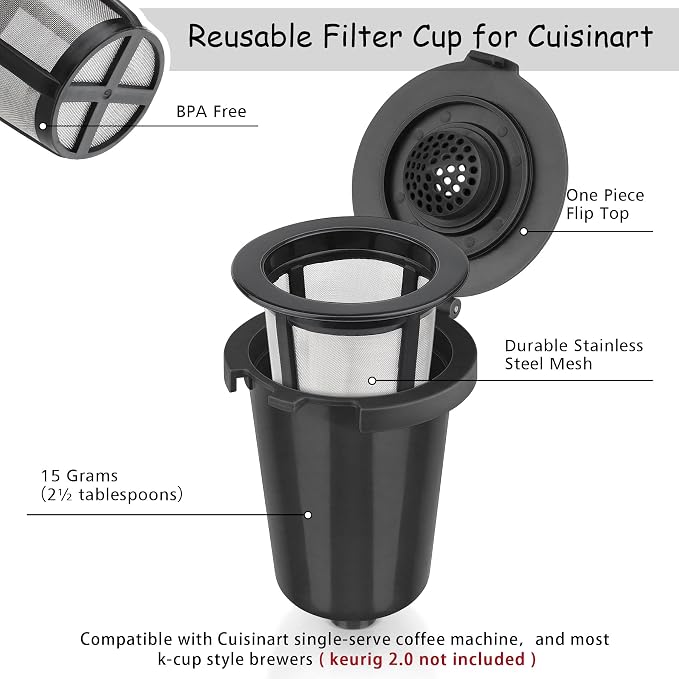 Newly upgraded Reusable Filter Cup for Cuisinart, Compatible with Cuisinart #SS-RFC HomeBarista Reusable Filter Cup, Black (2 Pack)
