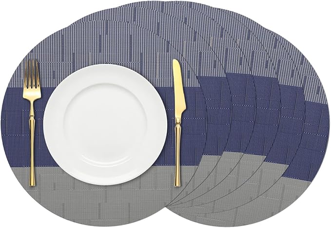 Round Placemats Set of 6, 15 Inch Woven Vinyl Heat Resistant Place Mats, Washable Non Slip PVC Table Mats for Kitchen Dining Party Outdoor Table Decor (Blue Gray, 6)