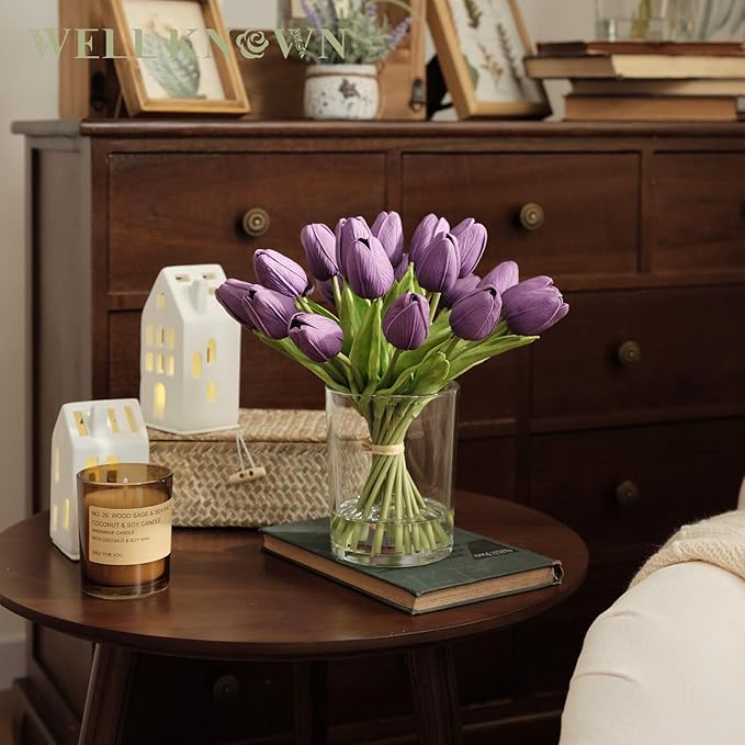 WELL KNOWN 20 Pcs Tulips Artificial Flowers in Vase, Real Touch Fake Purple Tulips Flowers with Glass Vase & Fake Water, Flower Arrangement Centerpiece for Wedding Party Dining Table Home Decor & Gift
