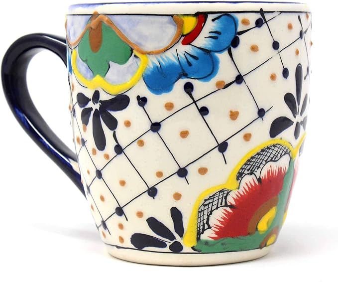 Global Crafts Mexican Pottery Mugs - Handmade Ceramic Mug - Hand-Painted Dots & Flowers Design