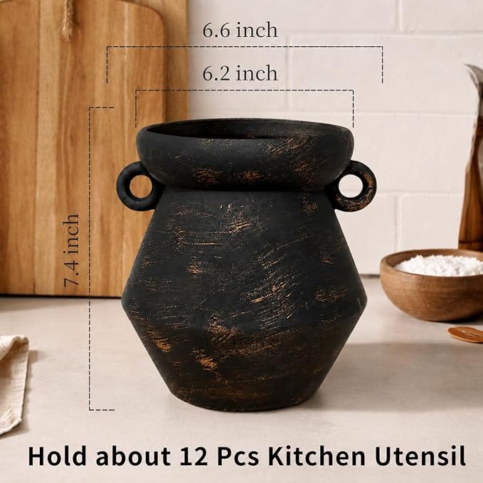 Rustic Utensil Holder for Kitchen Counter, 7.4” Tall x 6.2” Wide Farmhouse Ceramic Utensil Crock, Vintage Black Gold Stoneware Jar, Large Kitchen Utensil Holder, Housewarming Gift