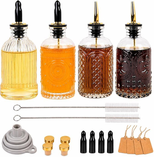 ChezMax Syrup Dispenser Bottles Set of 4, Simple Syrup Bottle for Coffee Bar Accessories, 7 oz Glass Coffee Syrup Dispenser Syrup Containers for Maple Honey Syrup Oil, with Metal Pour Spouts & Labels