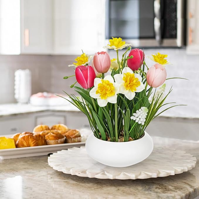 Hollyone Tulips Artificial Flowers with Daffodil Bulbs in Vase Fake Tulips Silk Flowers Arrangements with Ceramic Pot Daffodil Tulip Bulbs Floral Bouquet for Home Decor Table Centerpiece White Pink