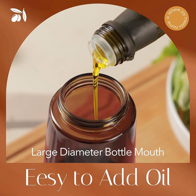 YARRAMATE 16oz/470ml Light Blocking Oil Sprayer for Cooking with Stickers, Food-Grade 2 in 1 Olive Oil Dispenser Bottle for Kitchen, Premium Dark Amber Glass Oil Bottle for Air Fryer, BBQ (PeachPink)