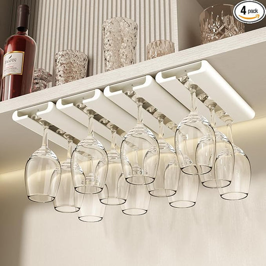 4Pack Wine Glass Rack, Punch-free Under Cabinet Stemware Rack for Kitchen and Bar (White)