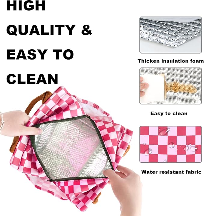 Joymee Lunch Bag Women, Reusable Leakproof Cooler Tote - Checker Pink | Spacious Storage, Bottle Holder & Pockets, Leakproof Insulated, for Work, Travel, Picnic, Daily Use, for Adult