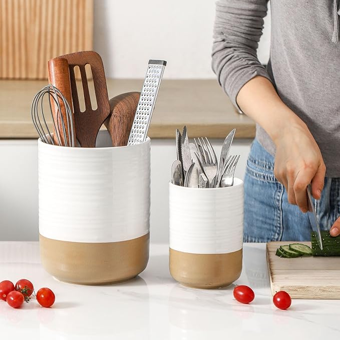 HASENSE Ceramic Utensil Holder for Counter, 7.4"+5.5" Large Kitchen Utensil Organizer for Kitchen Utensil, White Cooking Utensil Crock to Hold Spatulas, Farmhouse Decor, Set of 2