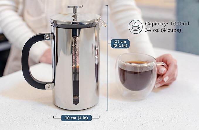 High Borosilicate Glass French Press Coffee Maker with 304 Stainless Steel, 1000 ml Capacity - Classic Elegance and Modern Design for Coffee Enthusiasts