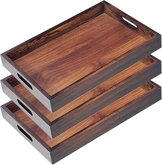 3 Pack Serving Tray with Handles, 13" x 8.7" Bamboo Tray | Serving Platter for Coffee Table, Tray for Bed, Couch, Ottoman, Kitchen Counter, Rustic Decor & Entertaining Essentials