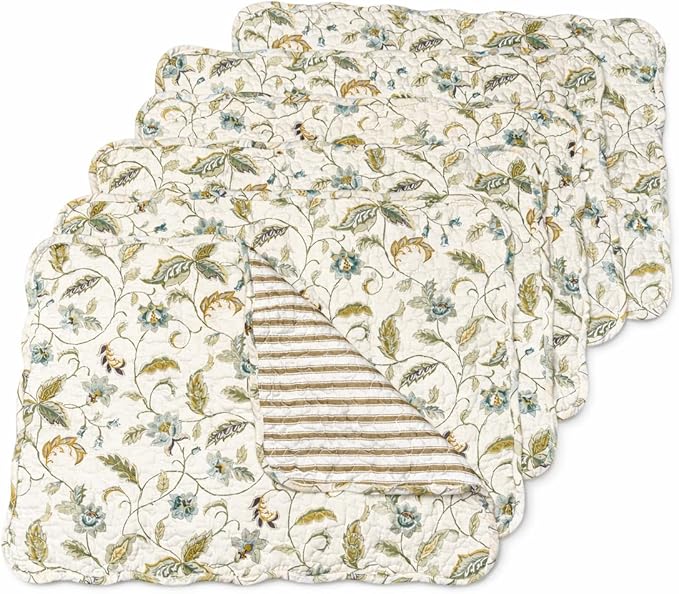 C&F Home Bailey Vintage Quilted 100% Cotton Set of 6 Placemats 13" x 19" Versatile Floral Spring Springtime Fall Autumn Harvest Jacobean Kitchen Tabletop Reversible Machine Wash Scalloped Decor