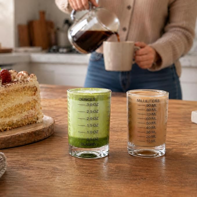 GLASKEY 2 Pack Shot Glass Measuring Cup Set,3 oz/90ML Liquid Heavy High Espresso Glass Cup,Dishwasher Safe,Measurement of Dry and Liquid Ingredients(Black)