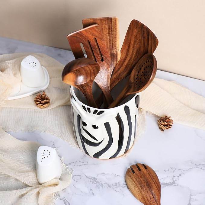 SOCOSY Zebra Shaped Ceramic Kitchen Utensil Holder For Countertop Large Cooking Utensil Crock Holder Spatula Holder, Kitchen Countertop Decoration-Black B