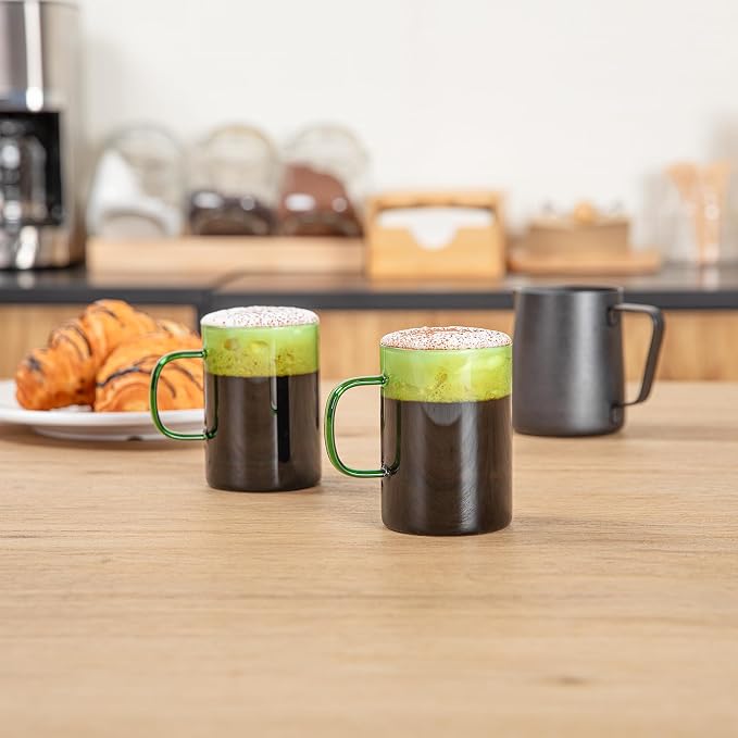 Restaurantware Glass Coffee Mug 2 Count 7 Oz Borosilicate Tea Cup with Ergonomic Handle, Dishwasher-Safe Green Thermal Resistant Mug for Hot and Cold Drinks