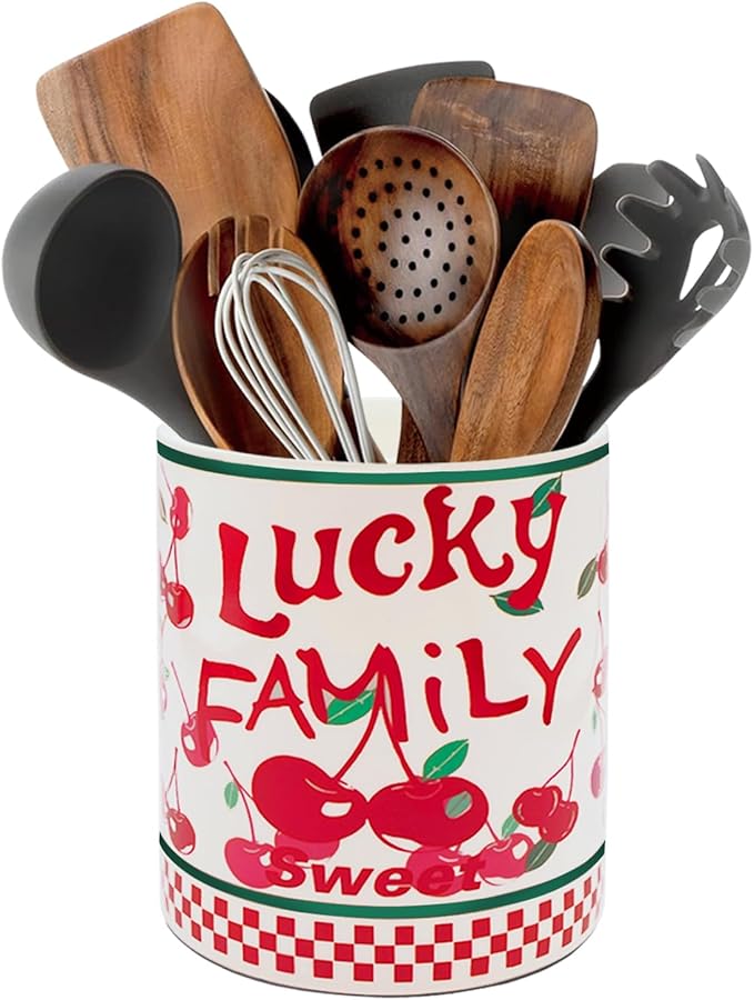 Cherry Kitchen Decor, 6.5inch Ceramic Utensil Holder with Cherry Design, Rustic-Style Indoor Kitchen Utensil Storage Rack, Ideal for Spoon Storage and Cooking Tools, Gift for Kitchen Organizers