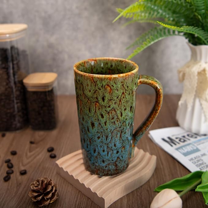 20oz Porcelain Coffee Mugs Set of 4, Large Tall Coffee Mugs with Handles, Modern Ceramic Coffee Cups for Tea, Cocoa, Milk, Gifts for Women Men - Green & Blue