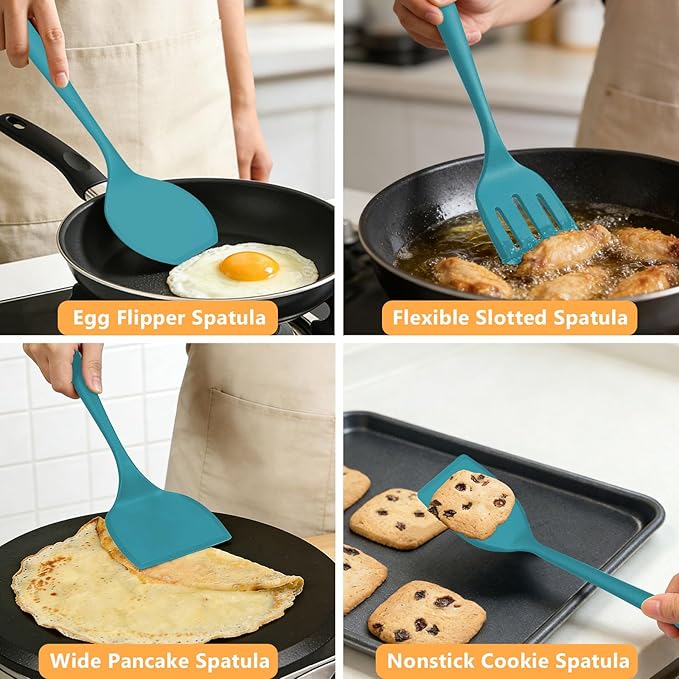 Silicone Spatula Set, 600°F Heat Resistant Spatulas for Cooking, BPA Free, Large Flexible Nonstick Flippers, Great for Egg, Pancake, Burger, Dishwasher Safe (4 Pack, Teal)