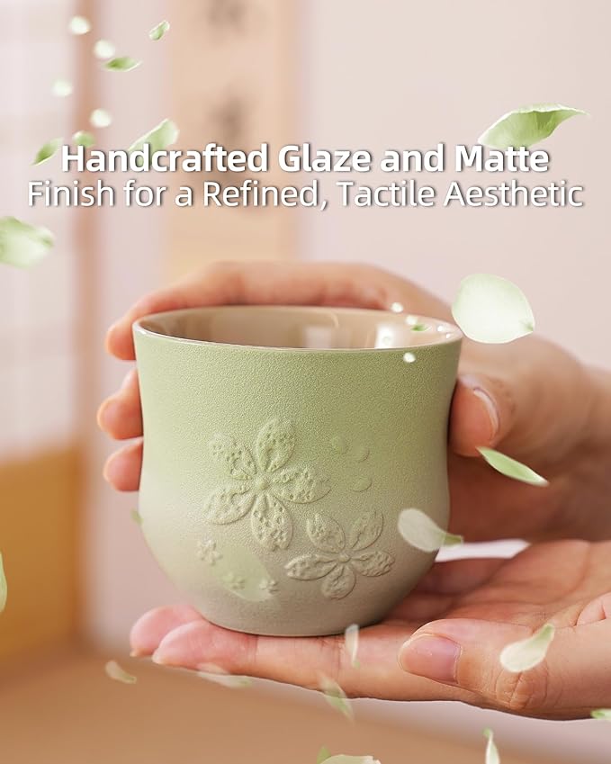 ZENS Japanese Tea Cups Set of 4 – 210ml Ceramic Tea Cups, Gradient Green Glaze, Embossed Design – Handleless Matcha & Gongfu Cups, Traditional Asian Style