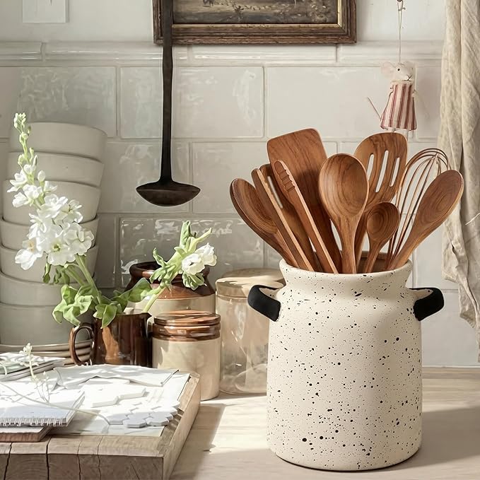 Qinyoung Rustic Kitchen Utensil Holder 6 Inch Small Ceramic Utensil Holder with Handle Vintage Crock Decoration Spatula Organizer for Kitchen Countertop Farmhouse Party Supplies (Beige,Speckled)