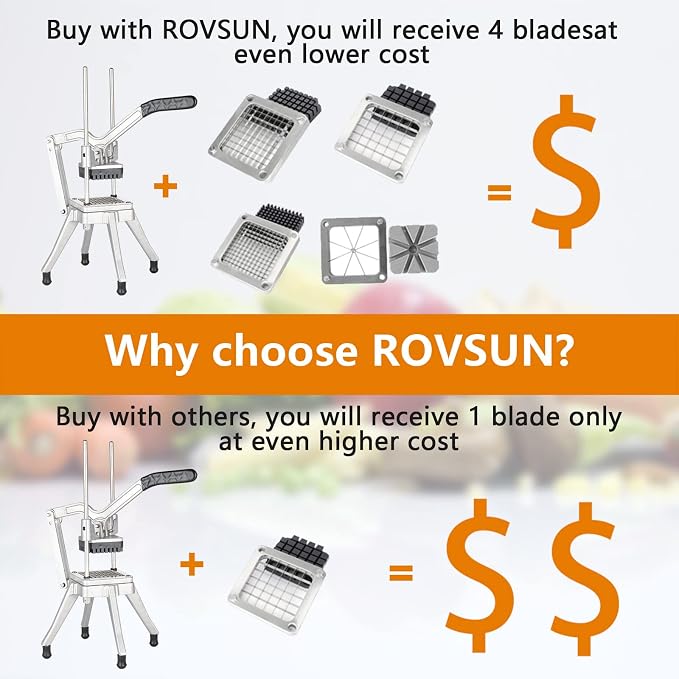 ROVSUN Commercial Vegetable Chopper French Fry Cutter Potato Slicer Fruit Chopper, Super Value Set of Suction Feet, 1/2'', 3/8'', 1/4'', 8-Wedge Blades and Pusher Blocks for Restaurant, Home & Kitchen