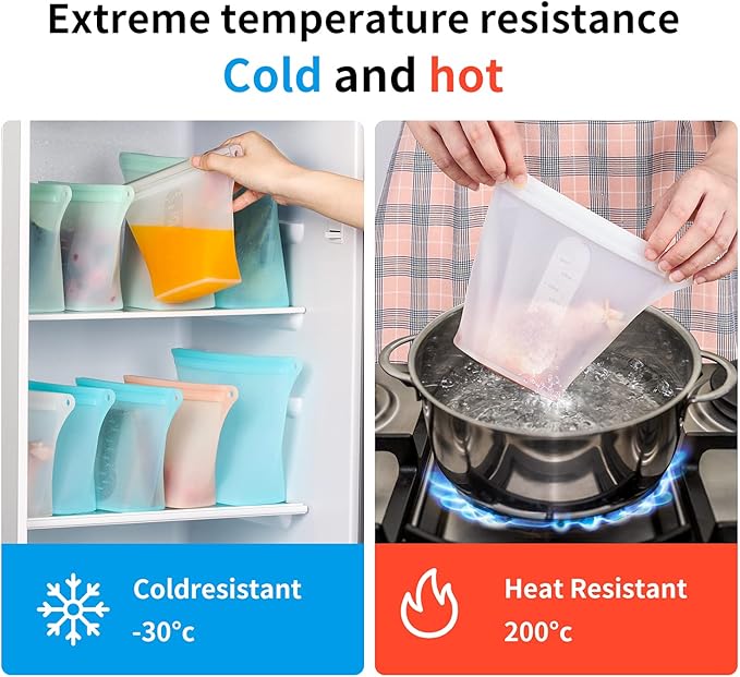 Reusable Silicone Food Storage Bags,Stand Up Leakproof Zip Containers,Reusable Sandwich Bags,Non-Toxic,BPA Free, Dishwasher Safe,Freezer-Safe,Easy to Clean（Set of 5）