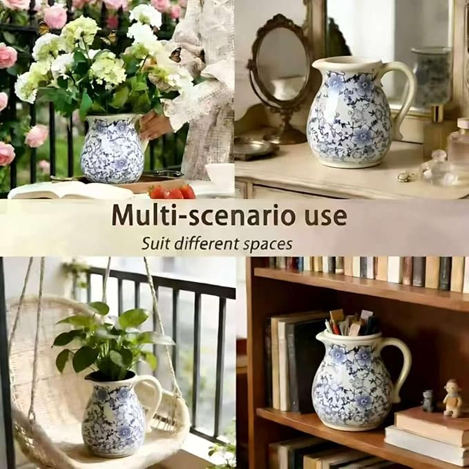 Farmhouse Ceramic Utensil Holder, 6.1" Modern Rustic Cooking Utensil Holder for Kitchen Counter Decor with Handle, Vintage Ceramic Utensil Organizer for Home Kitchen Countertop(Blue white)