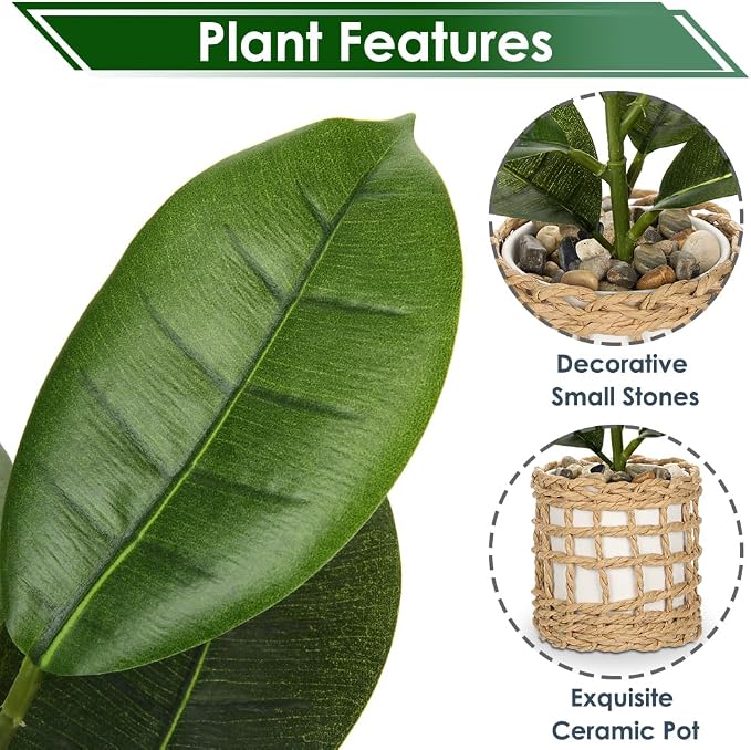 Briful Fake Plants Potted Plant Artificial Realistic Houseplant in White Ceramic Vase Wrapped Woven Pot, Fiddle Leaf Fig Faux Plant Indoor for Home Farmhouse Wedding Living Room Shelf Decor