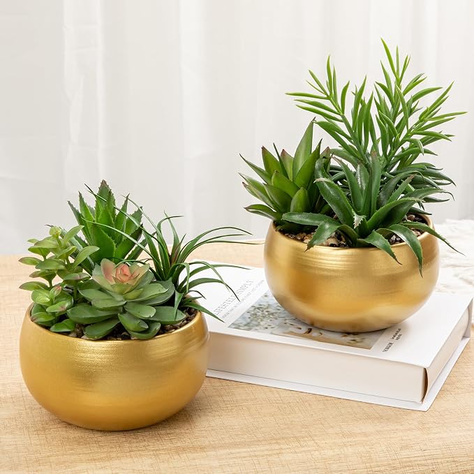 Briful Fake Succulents in Gold Metal Pot, Artificial Succulent Plants Arrangement for Home Decor, Small Faux Potted Plants Tabletop Centerpiece, Desk Office Bathroom Shelf Decorations