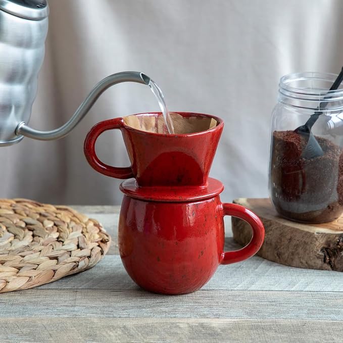 Asayu Japan Ceramic Coffee Pour Over Maker Set in Chrome Red, Slow Brewing Paper Filter Holder and Dripper with 3 Holes for Coffee and Tea (Accessory Ceramic Mug)