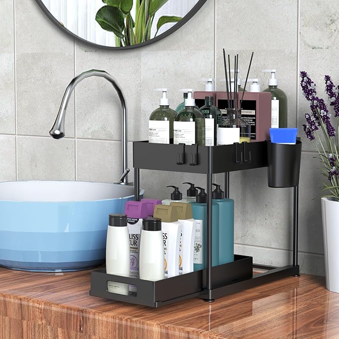 2 Pack Under Sink Organizer with Pull-Out Drawer, 2-Tier Cabinet Storage for Kitchen & Bathroom, Tool-Free Assembly, Fits Cleaning Supplies & Toiletries, Space Saving for Small Cabinets, Black