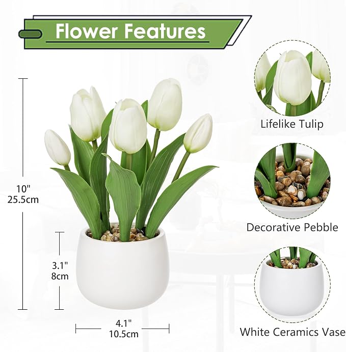 Hollyone White Tulips Artificial Flowers in Vase Fake Tulips Silk Flowers Arrangements Faux Tulip Bulbs with Ceramic Tulip Pot Potted Plants Floral Bouquet for Home Decor Table Centerpiece Decorations