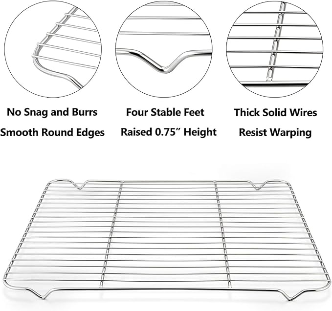 Baking Cooling Rack Set of 2, E-far 16.5"x11.5" Stainless Steel Metal Roasting Cooking Racks, Fits in Half Sheet Cookie Pans, Non Toxic & Rust Free, Oven Proof & Dishwasher Safe
