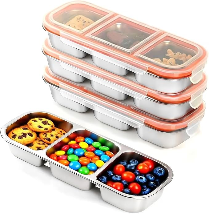 4 Pack Stainless Steel Snack Containers with Leak-Proof Lids, 3 Compartments Reusable Stainless Steel Lunch Box for Balanced Meals, Snackle Box Container,Meal Prep,Work,Camping