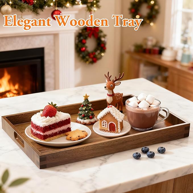 Serving Trays - 2 Pack, Acacia Wood Serving Platters with Ergonomic Handles, Versatile Rustic Decorative Trays for Breakfast, Brunch, Dinner, Coffee Table, Party, Kitchen-L