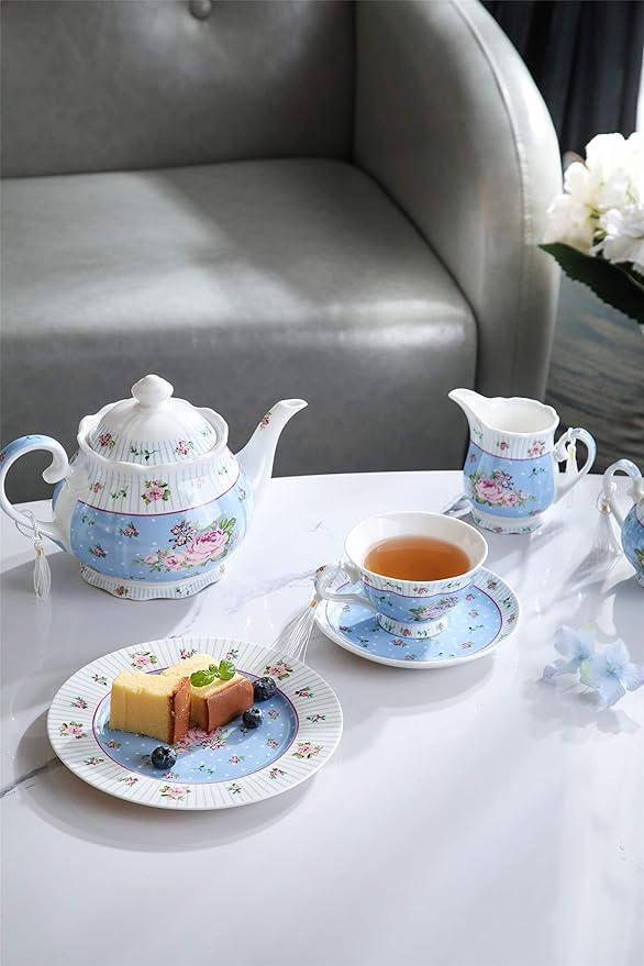 London Boutique Coffee Tea Cups and Saucers Set Afternoon Tea Vintage Flora Rose Gift Box 7.5oz (Rose Blue Set 2)