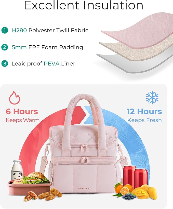 BAGSMART Lunch Bag Women, Double Deck Insulated Lunch Box, Quilted Puffer Lunch Tote, Leakproof, Durable & Reusable Large Lunch Cooler For Work Picnic Travel Meal Prep, Cherry